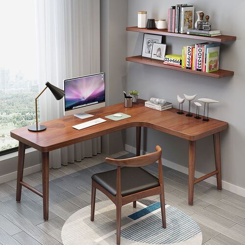实木转角书桌书架一体组合学生写字台家用卧室L型角落电脑台式桌