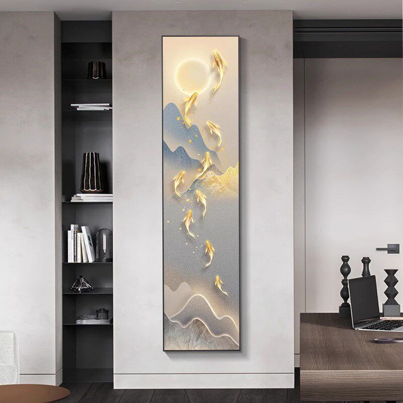 客厅进门九鱼图窄长条立柱玄关装饰画正对门壁画入户走廊门厅挂画
