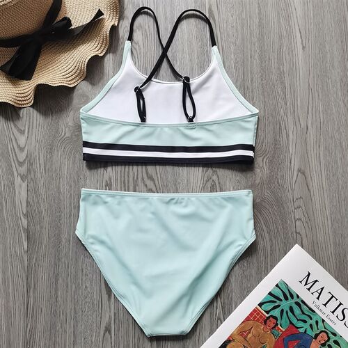7-14 Years Girl Swimsuit Kids High Waist Bikini Set Solid Ri