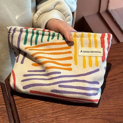 Colorful Stripe Corduroy Cometic Bag Portable Travel Toiletr