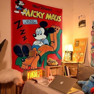 复古卡通米奇可爱背景布怀旧挂布墙面女生宿舍改造床头装饰布定制