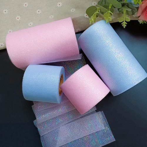 6cm*5Yards Symphony Silver Dot Mesh Curly Rainbow Tulle Bow