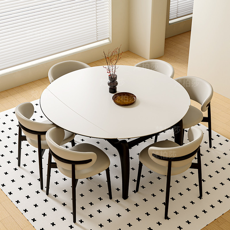 奶油风奶白色哑光岩板餐桌折叠伸缩猫耳餐桌方变圆两用餐桌椅,住宅家具,岩板餐桌,淘宝优惠券,粉丝福利购,淘宝优惠卷