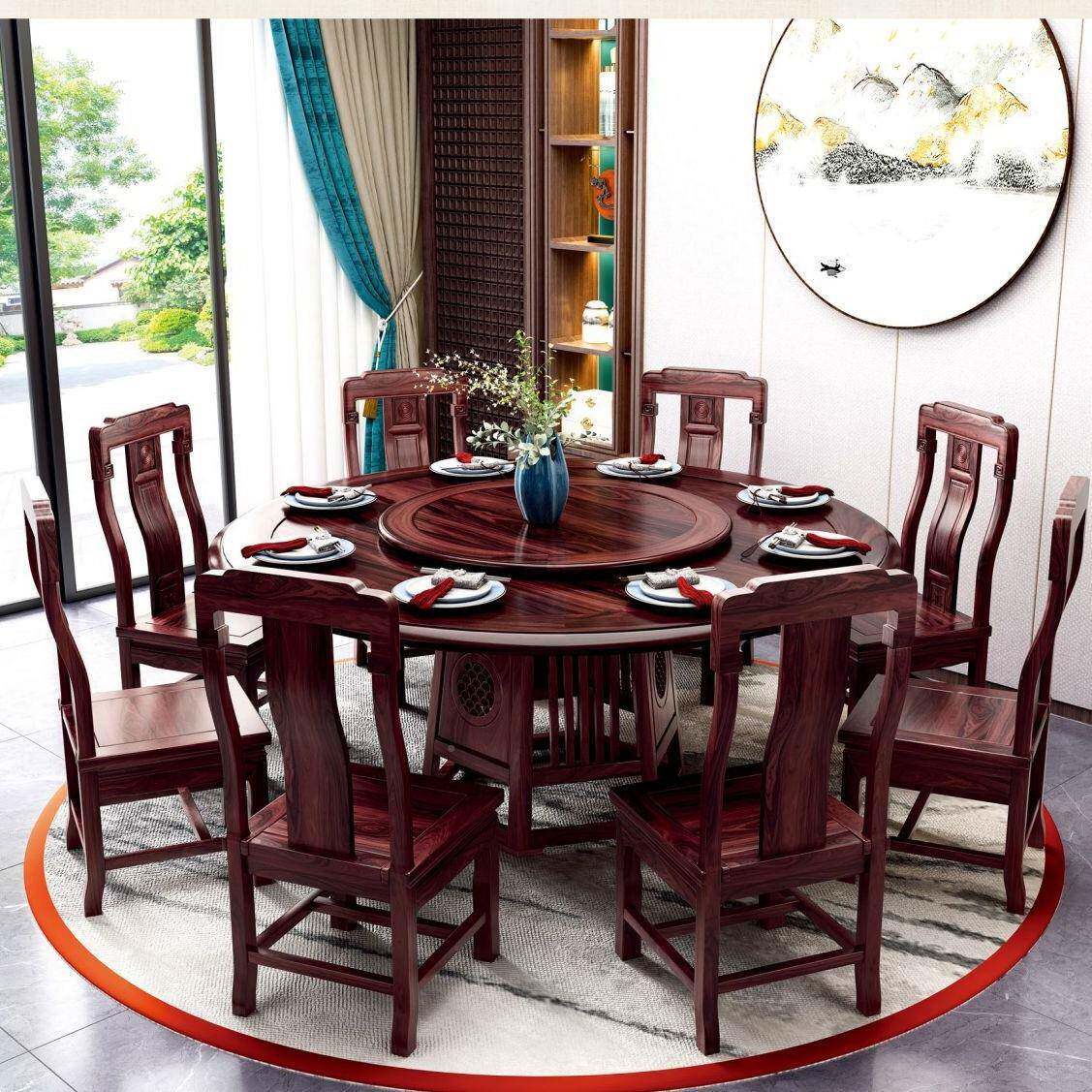 新中式澳洲枝木餐桌.8/HY--505#1人实木酸圆桌带转盘0简约吃饭桌1