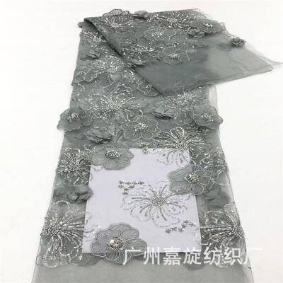 爆款双层珠花手工荷贴花刺绣网纱面JX5192料管立体绣婚纱服童礼装