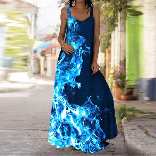 # Fire Print Dress Women Glitter Sequined Maxi Dress Sexy