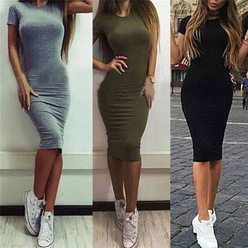 Summer Women Dresses Knee-Length Shinny Casual Short Sleeve