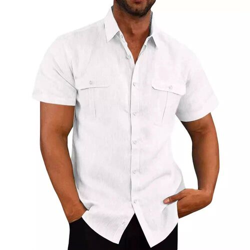 Mens Shirt Double Pocket Cotton Linen Short Sleeve Shirts