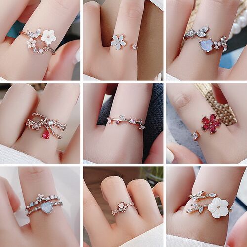2022 New Fashion Crystal Zircon Rings Sweet Flower Leaf Butt