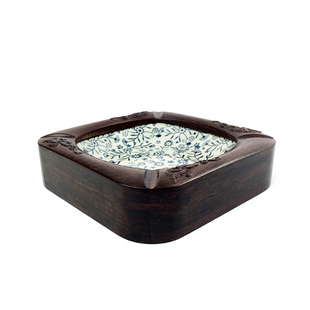 黒梓木烟灰缸实木质中式陶瓷仿古红木办公室创意个性复古大号客厅