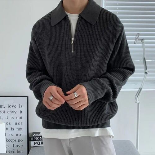 3-Color Lapel Sweater Men Warm Fashion Casual Knit Pullover