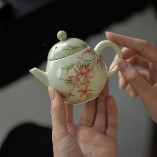 明山壶志果青釉知手绘凌霄花陶瓷茶家茶用具泡茶手执壶mjtc文人壶