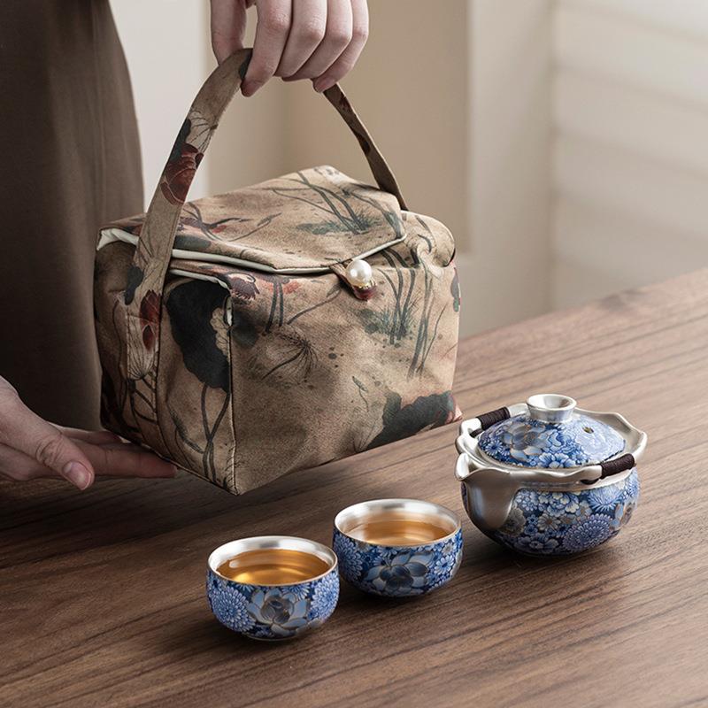 繁花高档鎏银快客杯一壶两杯户外旅行茶具套装防烫陶瓷茶壶杯布袋