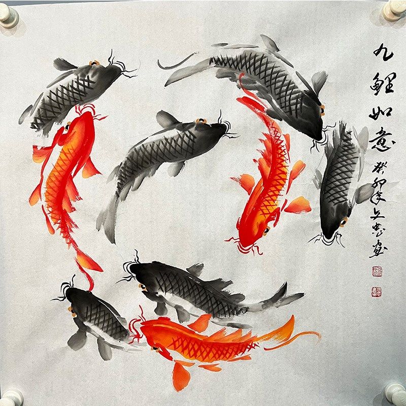 张文忠手绘写意国画四尺斗方九鱼鱼四方聚财客厅餐厅办公室装饰,家居饰品,国画,淘宝优惠券,粉丝福利购,淘宝优惠卷