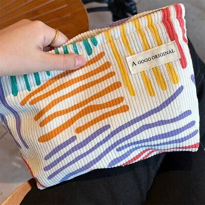 Colorful Stripes Corduroy Cosmetic Bag Portable Travel Toile