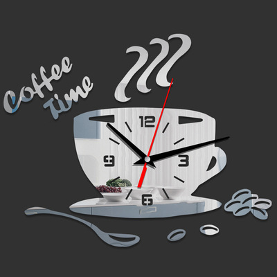 Creative Coffee Cup Shaped Wall Clock Modern Design 3D Mirro