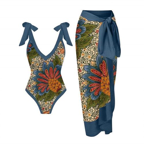 1 Set Women Monokini Printed Strap Backless Vintage Retro Po