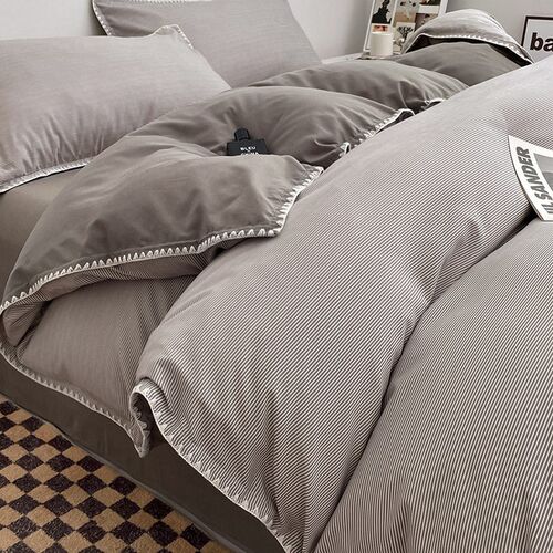 Ins Wind Double Stripe Wash Cotton Bed Four-piece Set Solid