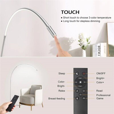 LED Arc Floor Lamp for Living Room, Silver Modern Standing L