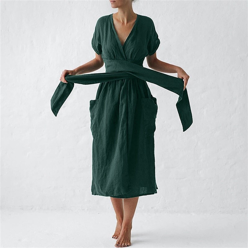 Cotton And Linen Special Sashes Design Dresses Women Casual图片