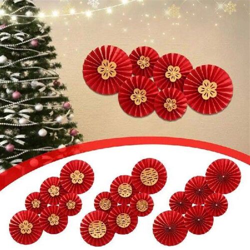 6pcs Chinese Style Red Wedding Fan Flower New Year Parties