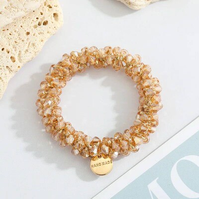 Women Crystal Pearls Hair Rope Handmade Elastic Beaded tail
