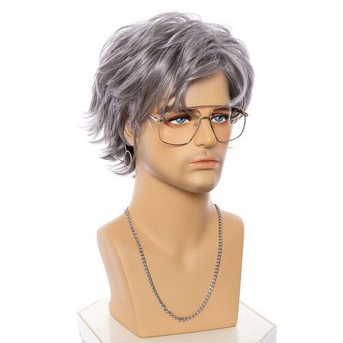 Mens Short Hair, Grey Curly Hair, Mens Wig, Fluffy, Side-p