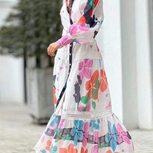 Elegant Pattern Print Long Sleeve Party Dress Spring Stand