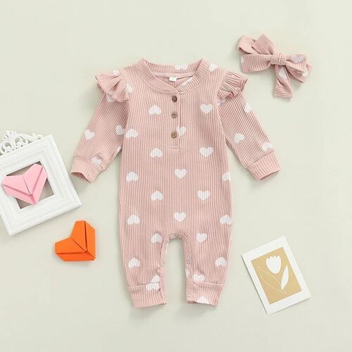 Newborn Baby Girls Valentines Day Romper Ruffle Ribbed Body