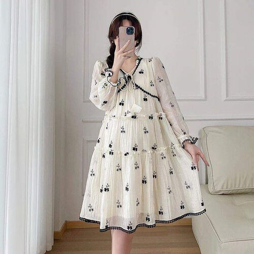 Autumn Maternity Dress Fashion Printed Ruffles Patchwork Pre
