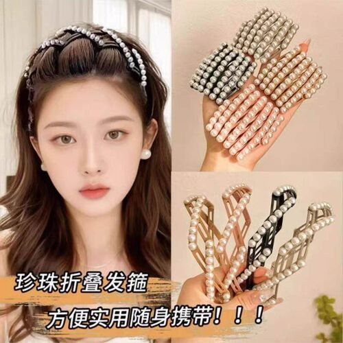 Adjustable foldable hairband with pearls, suitable for washi