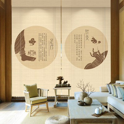 中医养生印花竹帘卷帘窗帘拉卷式升降客厅茶室遮光遮阳隔断装饰帘