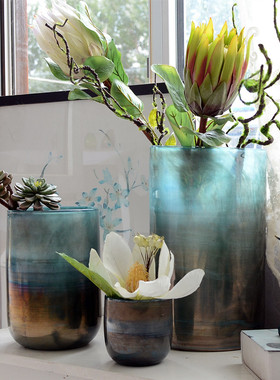 地中海复古怀旧玻璃艺术蓝色花瓶大口手工玻璃花器样板房装饰摆件