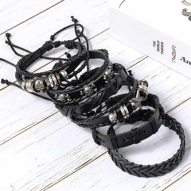6pcs/Set Black Punk Skull & Star Shaped Alloy & Pu Leather B