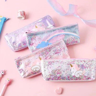 Kawaii Unicorn flower Sequin large Pen Case Creative PVC Pen