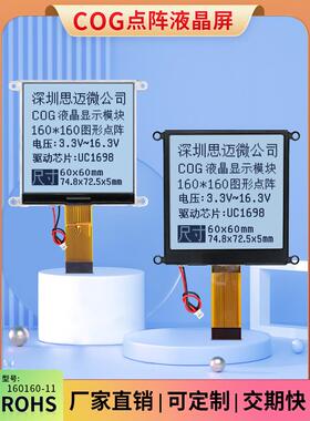 LCD160160电表显示屏COG30pin点阵液晶模块UC1698驱动3.3V黑 白屏