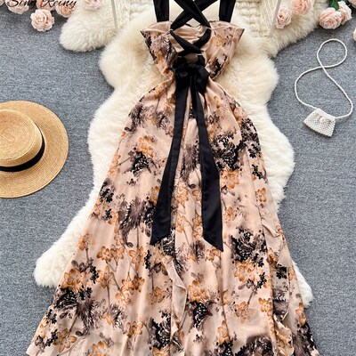 SINGREINY Fashion Chiffon Print Strap Dress Backless