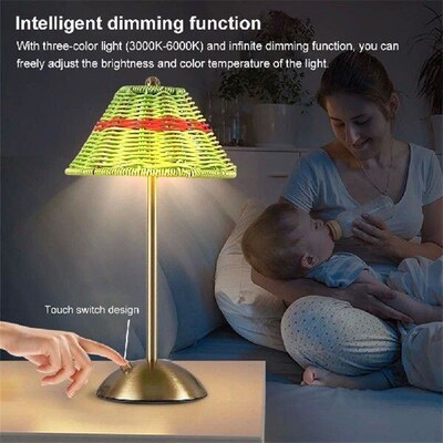Cordless LED Table Lamp 3 Color Stepless Dimmable Rattan