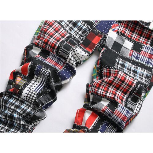 Style Youth Digital Print Plaid Patchwork Fashion Sretch Den