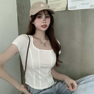 Hot Girl Top Summer Womens New Fishbone Square Collar Desig