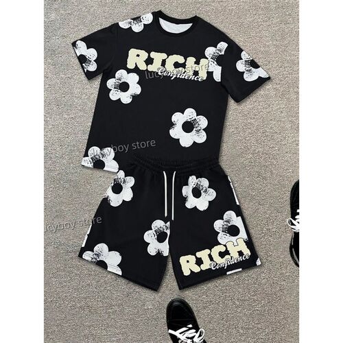 2025 white flowers  Printed Mens Suit 2 Pieces Set Casual S