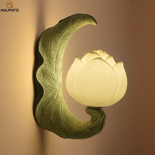 New Chinese Resin Lotus Wall Lamp Study Bedroom Fixtures Cor