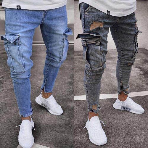 Stretch mens jeans with knee hole zipper and small leg
