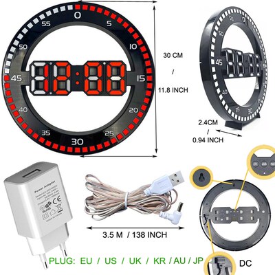 Silent 3D Digital Circular Luminous LED Wall Clock Alarm wit