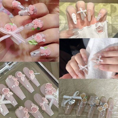20pcs Lace Bow &30pcs 3D Mixed Size Pearl Resin Flower Pink