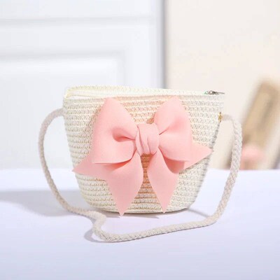 New Pink Bow Girl Bag Zipper Woven Straw Kid Prince Meenger