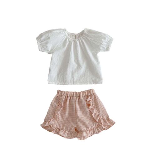 Summer Ins Baby Fresh Lantern Sleeve Buckle Top + Plaid Shor