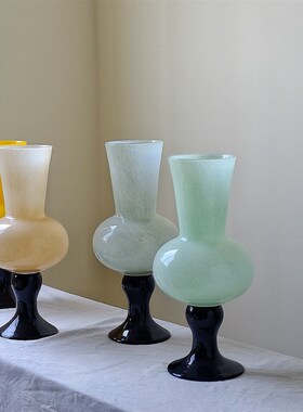 法式橙色高脚花瓶中古风摆件琉璃水养鲜花装饰高级感玻璃花器