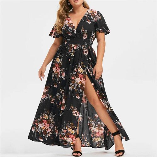 Women Floral Print Long Dress Summer Short Sleeve V Neck