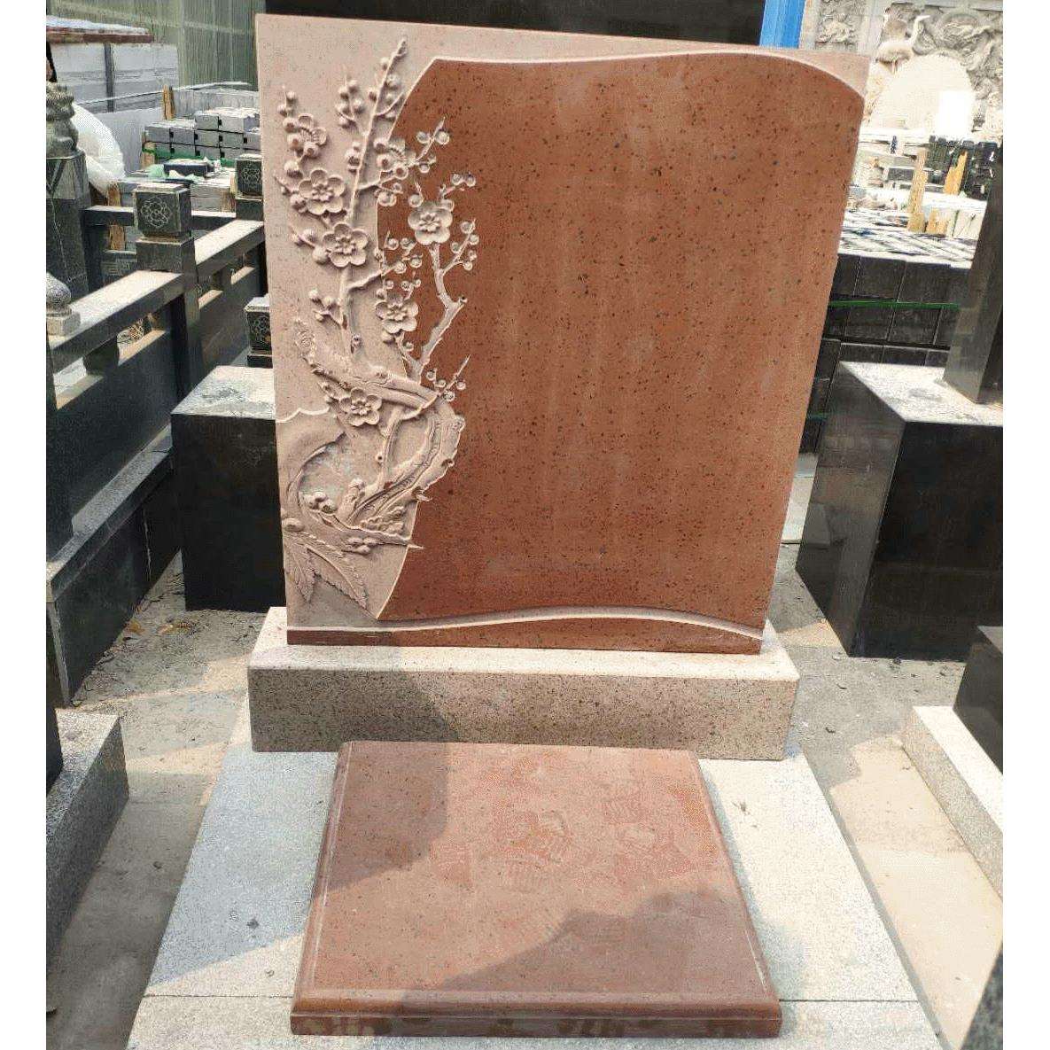 中式墓地陵园花岗岩贵妃红墓碑雕刻加工 家族公墓石雕花岗岩墓碑